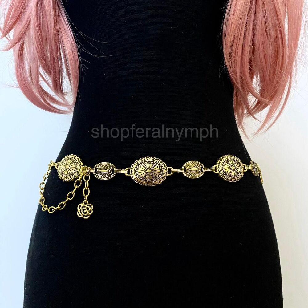 Antique Gold Boho Concho Medallion Waist Chain Belt, Fits 23-38 Inches, X7GA1348